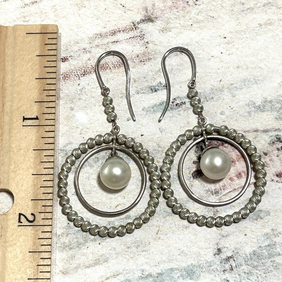 Long Sterling Silver Fresh Water Pearl Fancy Beaded Dangle Earrings Hoop Circle - Picture 7 of 9